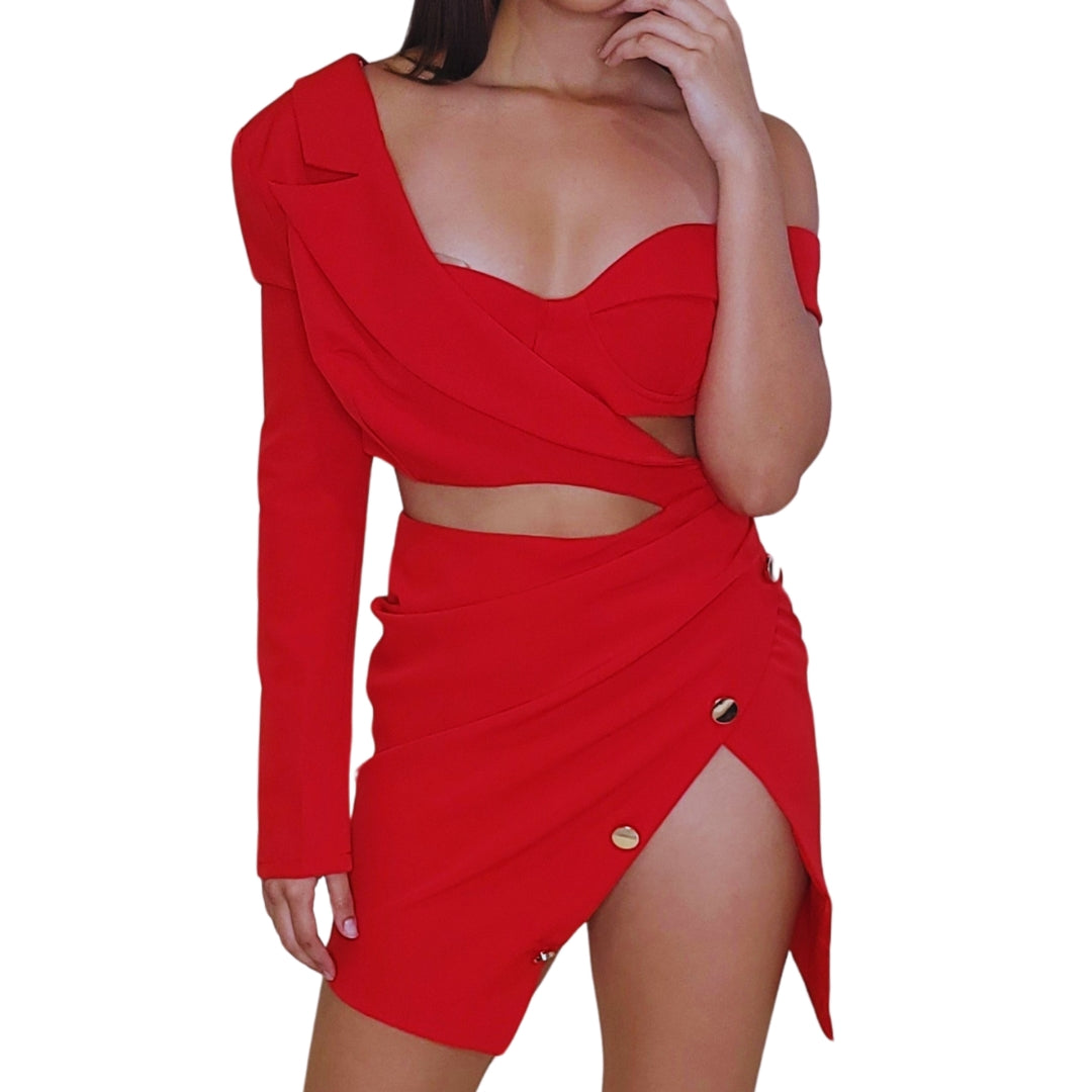 Ornella Vestido Rojo Asimétrico con Botones Dorados