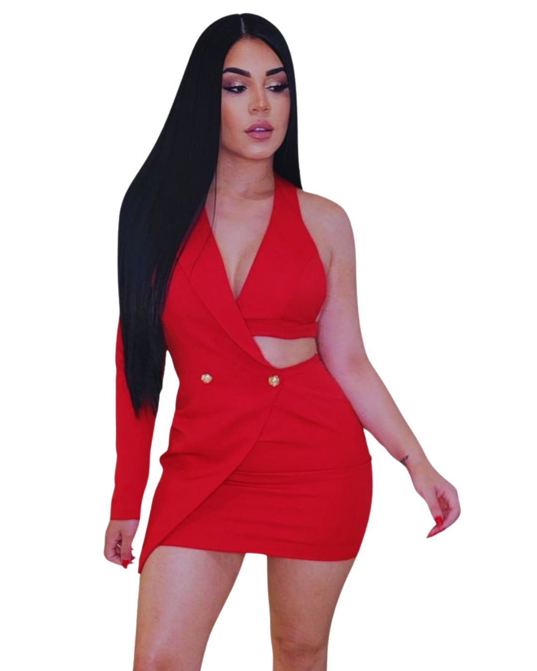 Valentia — vestido tipo blazer rojo asimétrico con escote halter y botones dorados