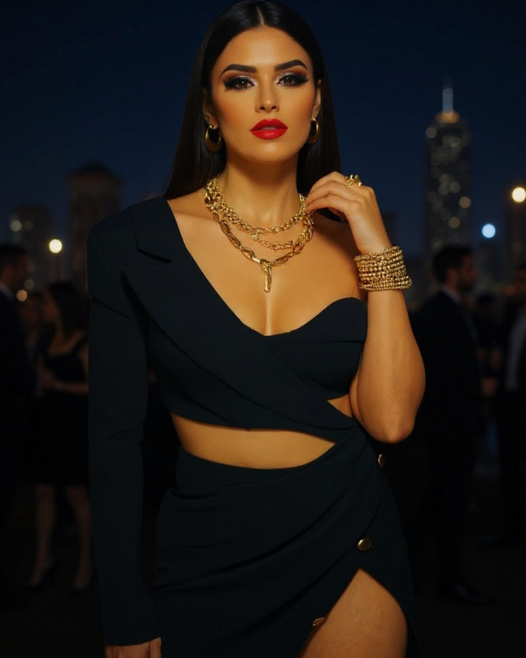 Noir — vestido mini asimétrico con botones dorados