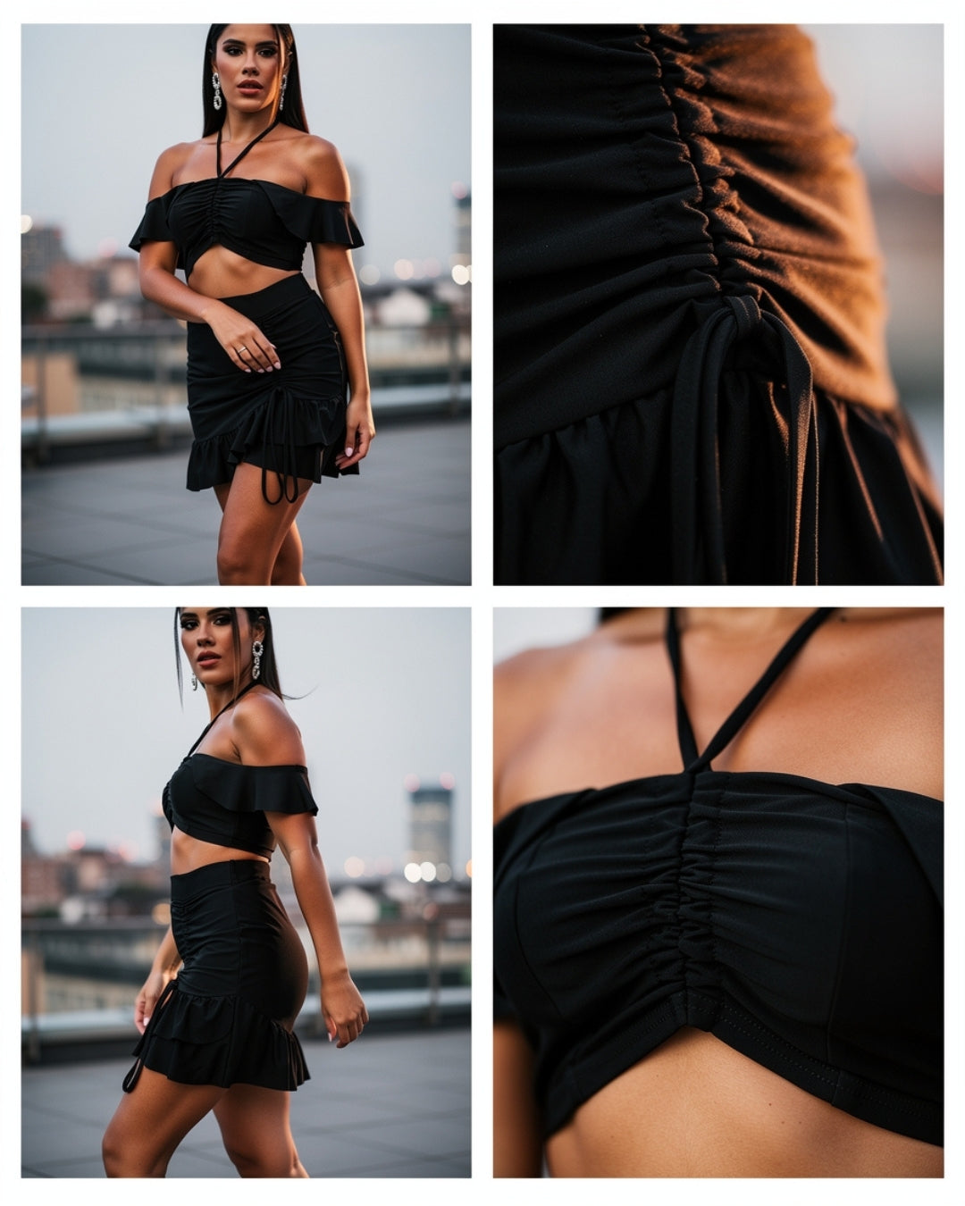 Kalia — set negro con volantes y fruncido ajustable