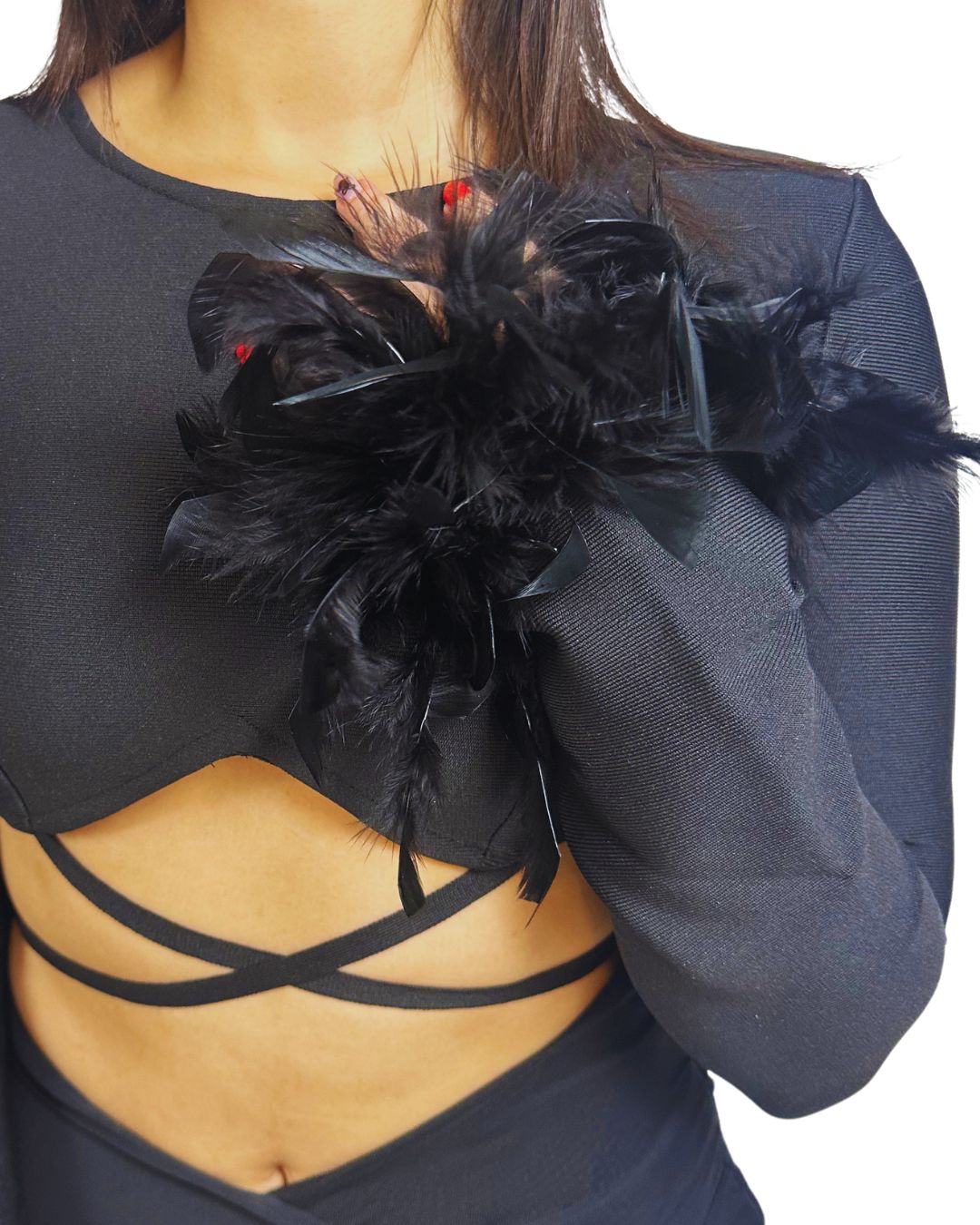 Crop top negro
Top con plumas
Top elegante mujer
Crop top glam
Moda premium
GV Boutique
Look de noche
Top con tiras cruzadas
Tendencia 2025
Mujeres con estilo