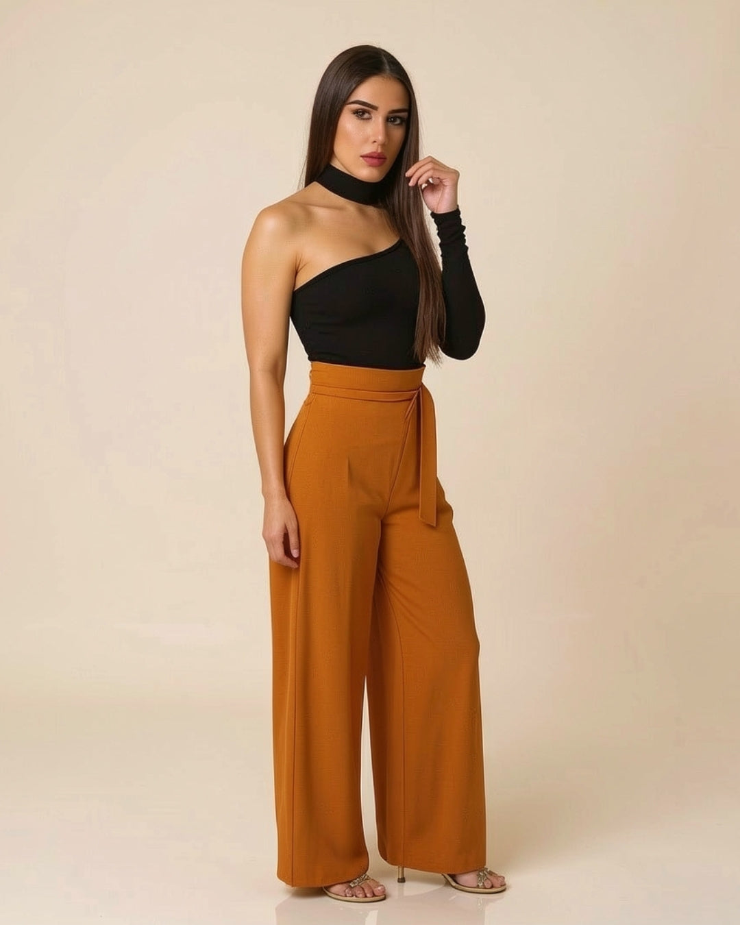 Terra — pantalón palazzo terracota de tiro alto con lazo ajustable