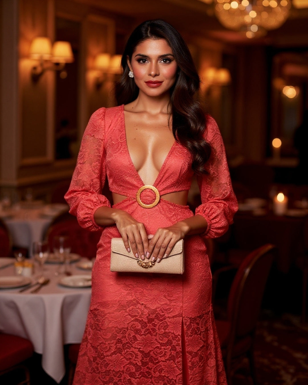 Coralie — vestido maxi de encaje coral con escote profundo