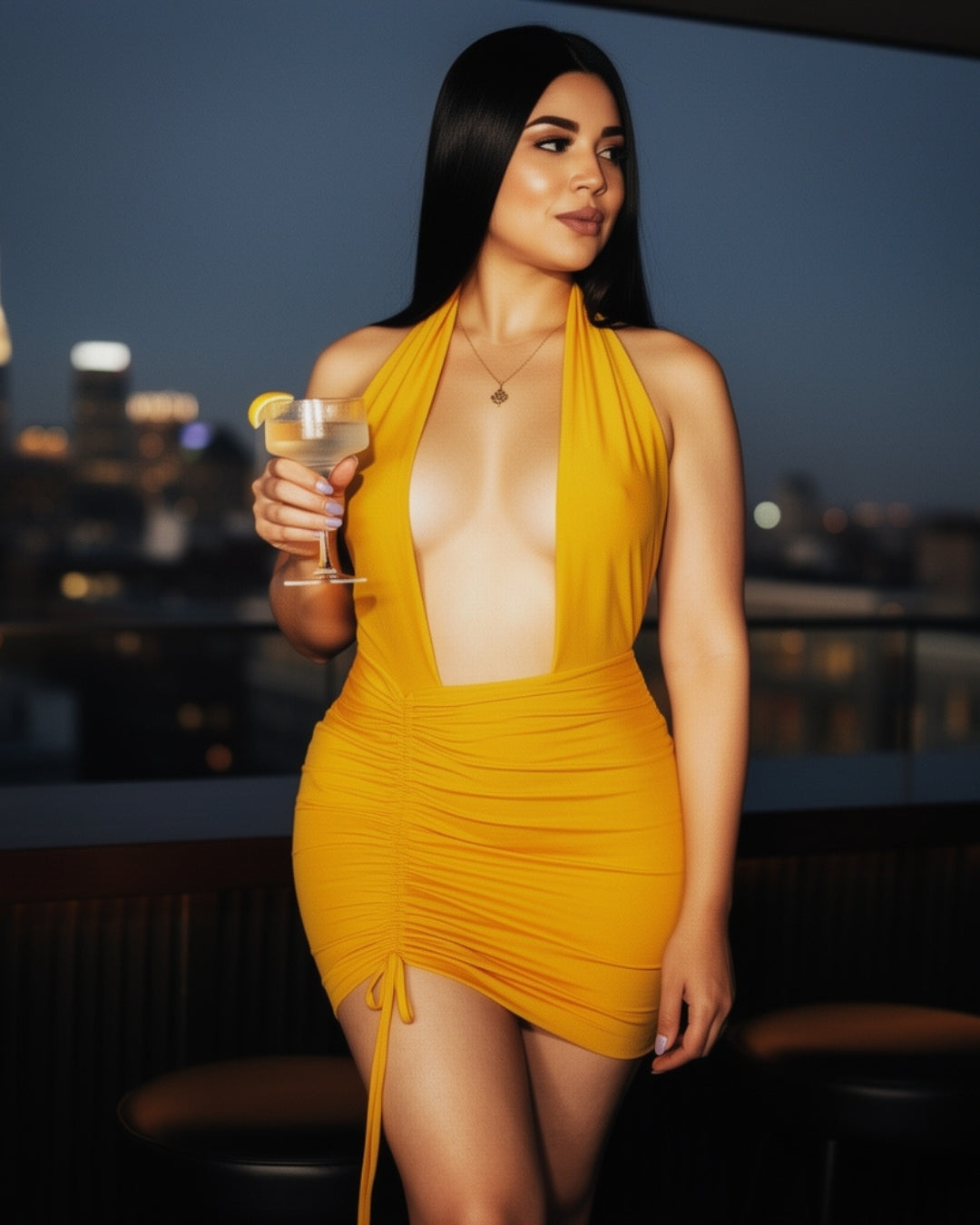 Luna — vestido mini halter con abertura y fruncido ajustable