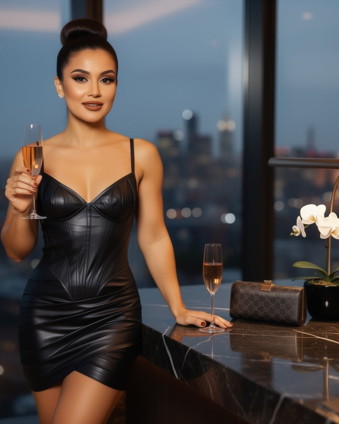 Vera — vestido corsé negro con efecto cuero y drapeado asimétrico