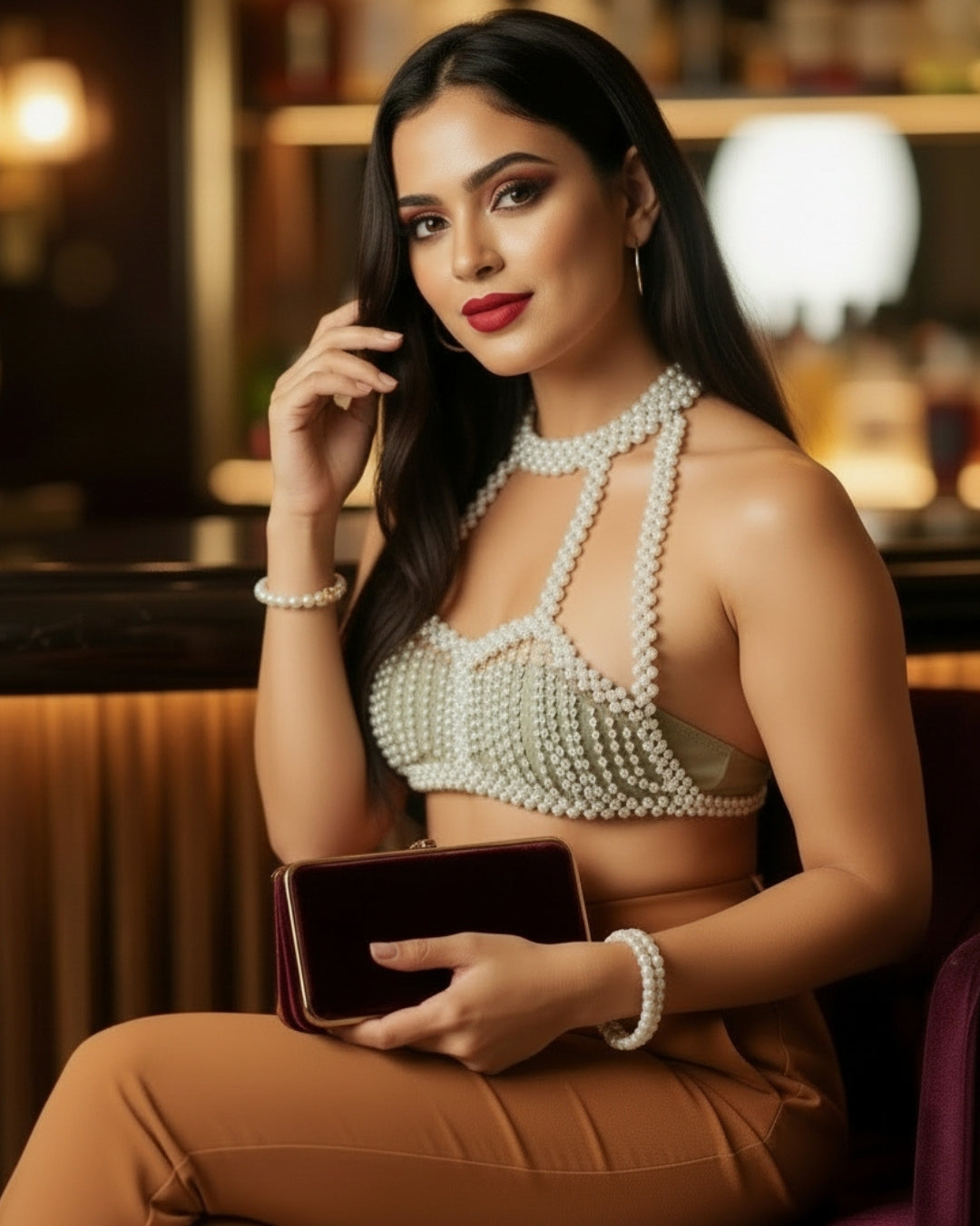 Vantara — top halter de perlas blancas con cadenas doradas