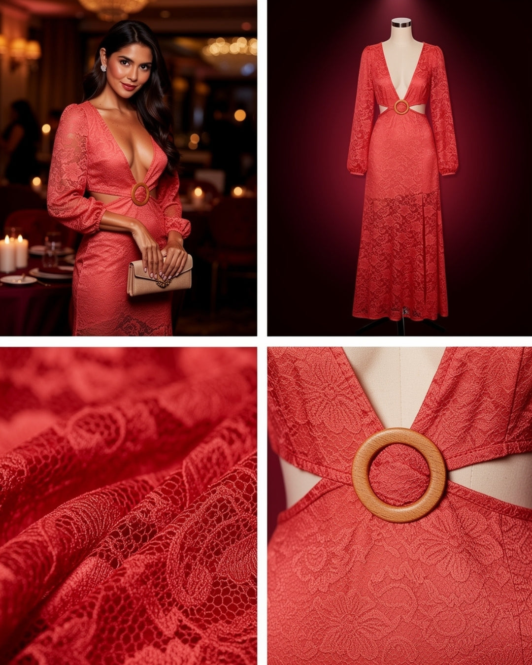 Coralie — vestido maxi de encaje coral con escote profundo