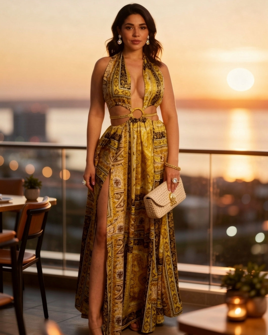 Zahara — vestido maxi halter con print y detalle de cadenas