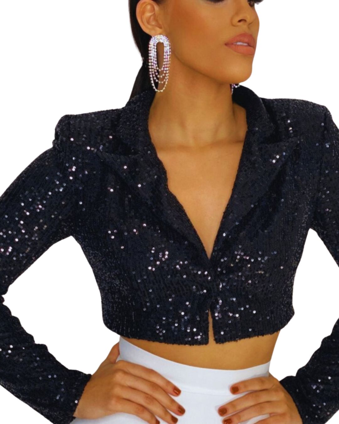 Blazer corto
Blazer de lentejuelas
Corte cropped
Blazer elegante
Prenda de noche
Glamour femenino
Estilo sofisticado
Moda Premium
Brillo sutil
GV Boutique