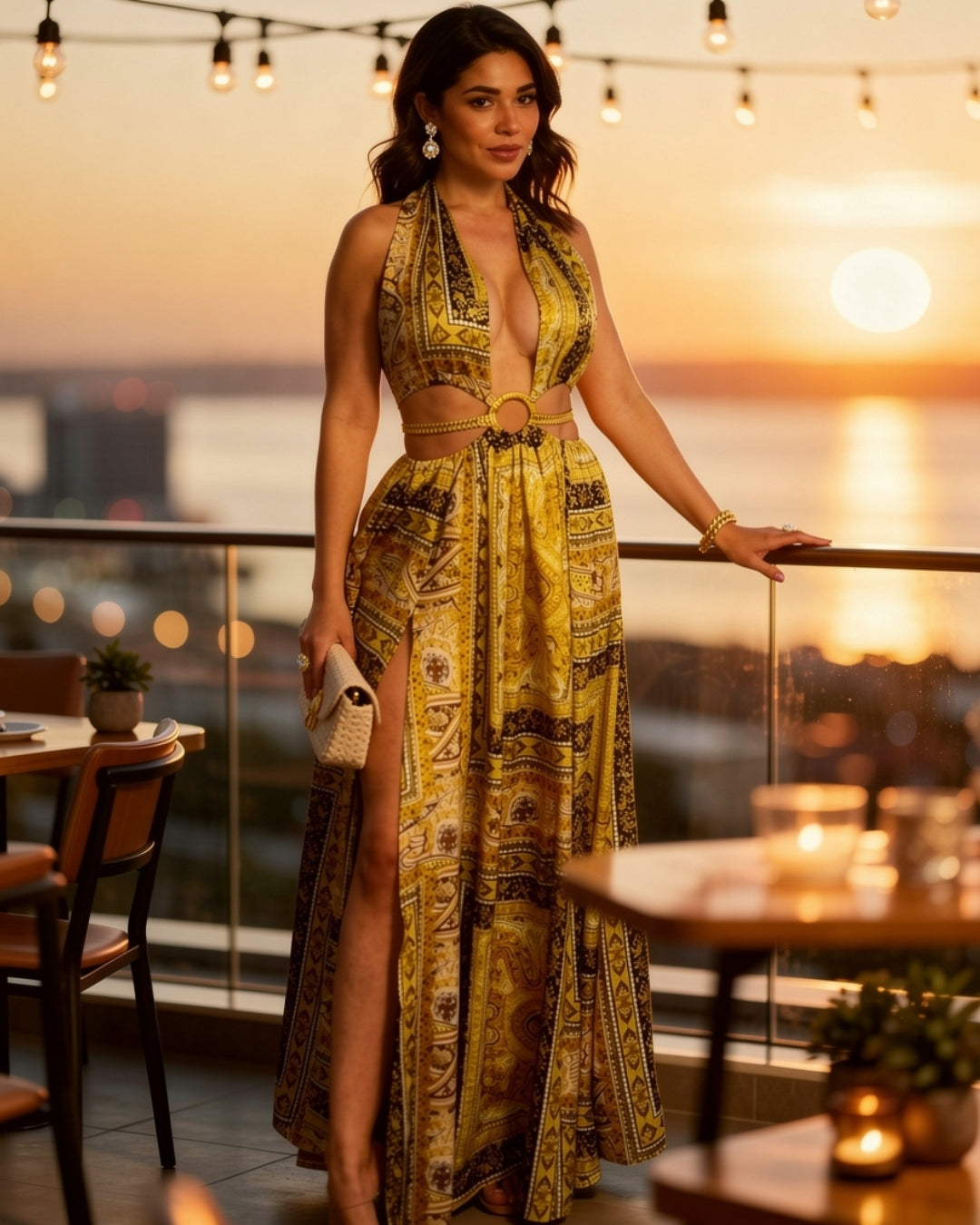 Zahara — vestido maxi halter con print y detalle de cadenas