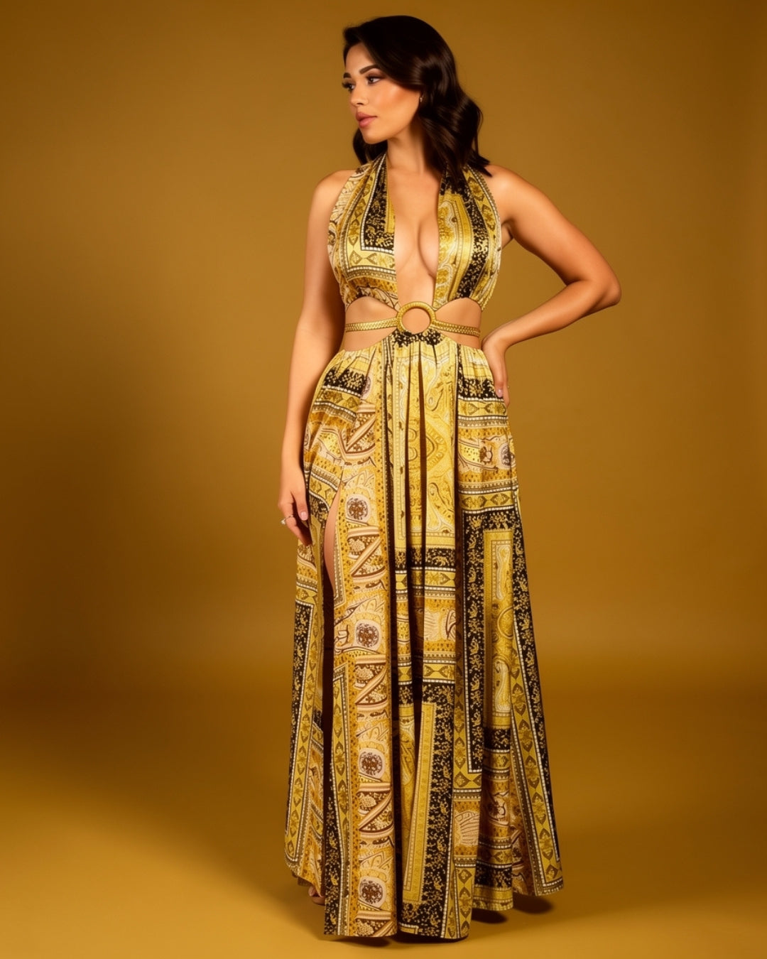 Zahara — vestido maxi halter con print y detalle de cadenas