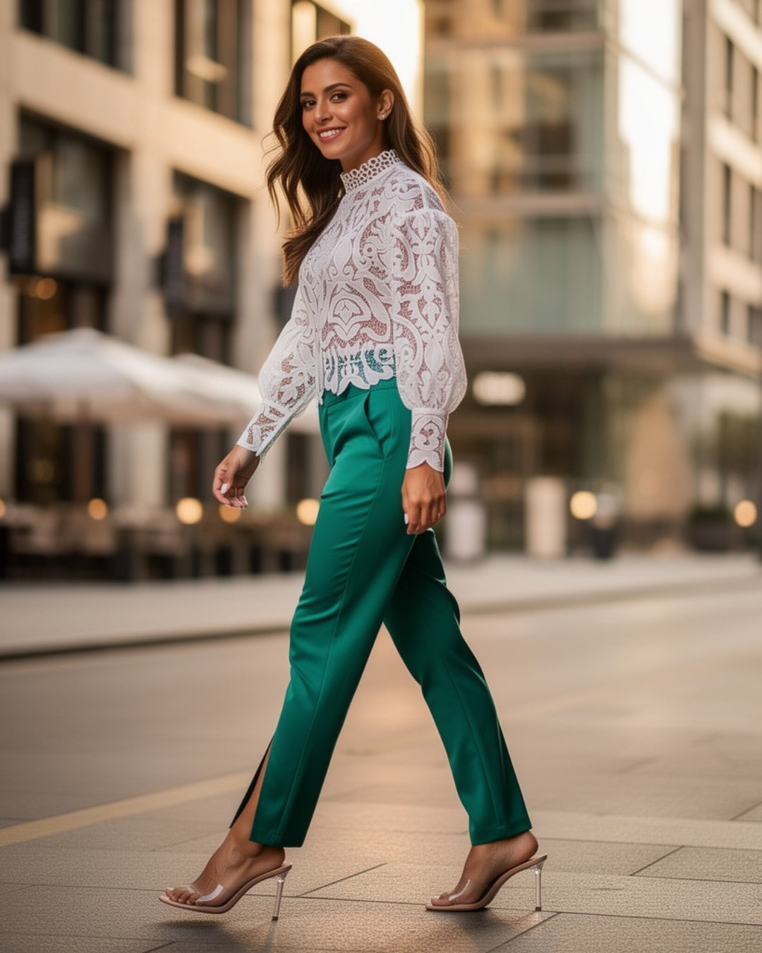 Eterna — blusa de encaje blanco con cuello alto y mangas abullonadas