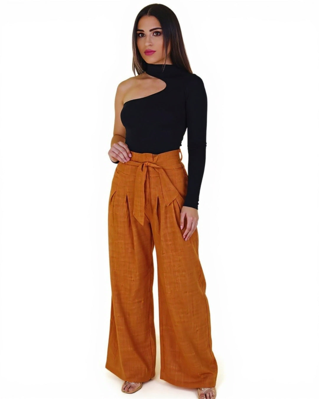 Terra — pantalón palazzo terracota de tiro alto con lazo ajustable