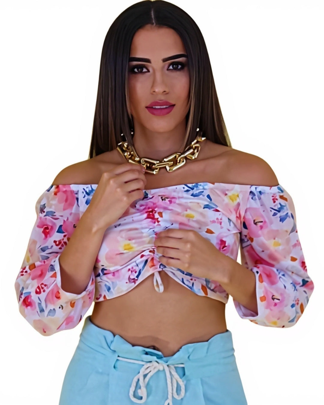 Blossom — blusa off-shoulder con fruncido floral