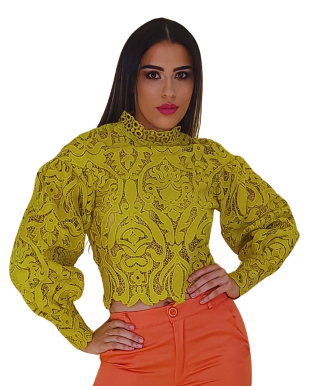 Blusa de Encaje Bordado con Cuello Alto y Manga Larga  Verde Mostaza