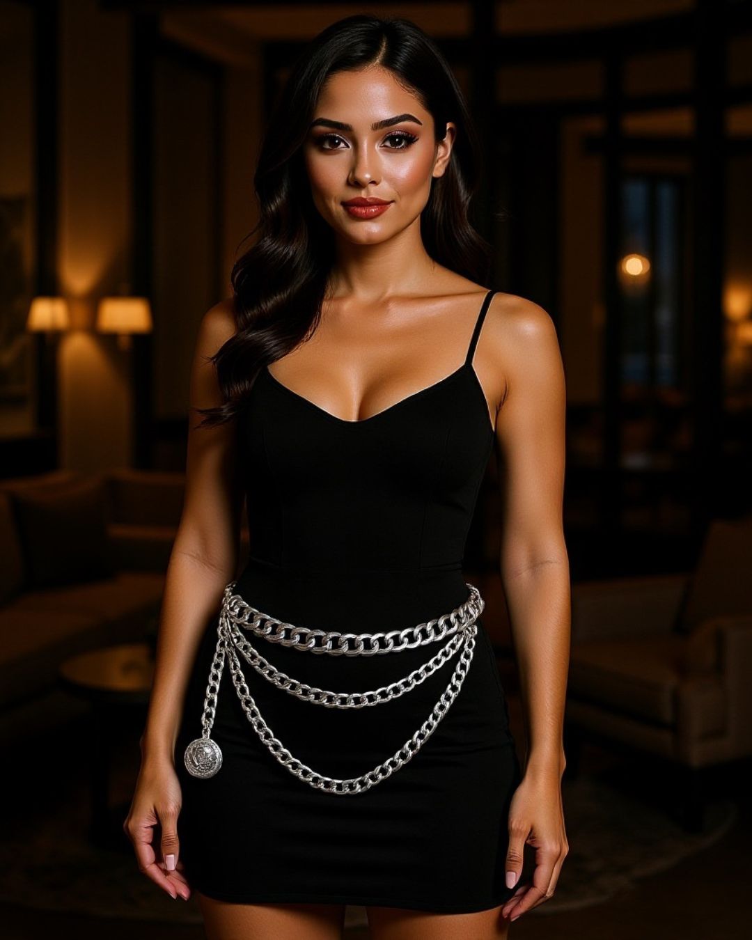 cinturón de cadena
cadena plateada
accesorios de mujer
cinturón elegante
cinturón ajustable
moda femenina
estilo chic
accesorios de boutique
outfit de noche
tendencia 2025