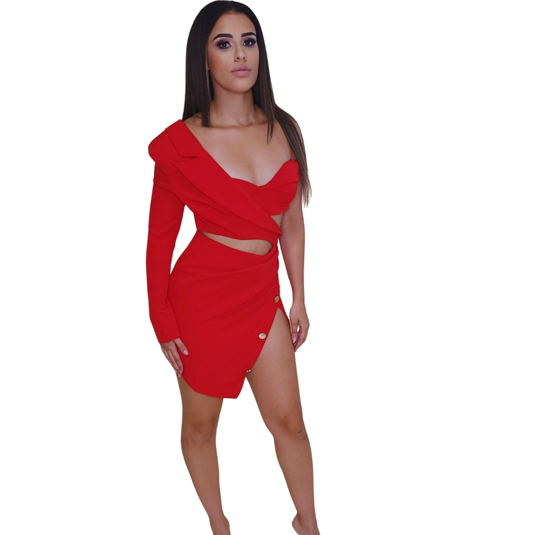 Ornella Vestido Rojo Asimétrico con Botones Dorados