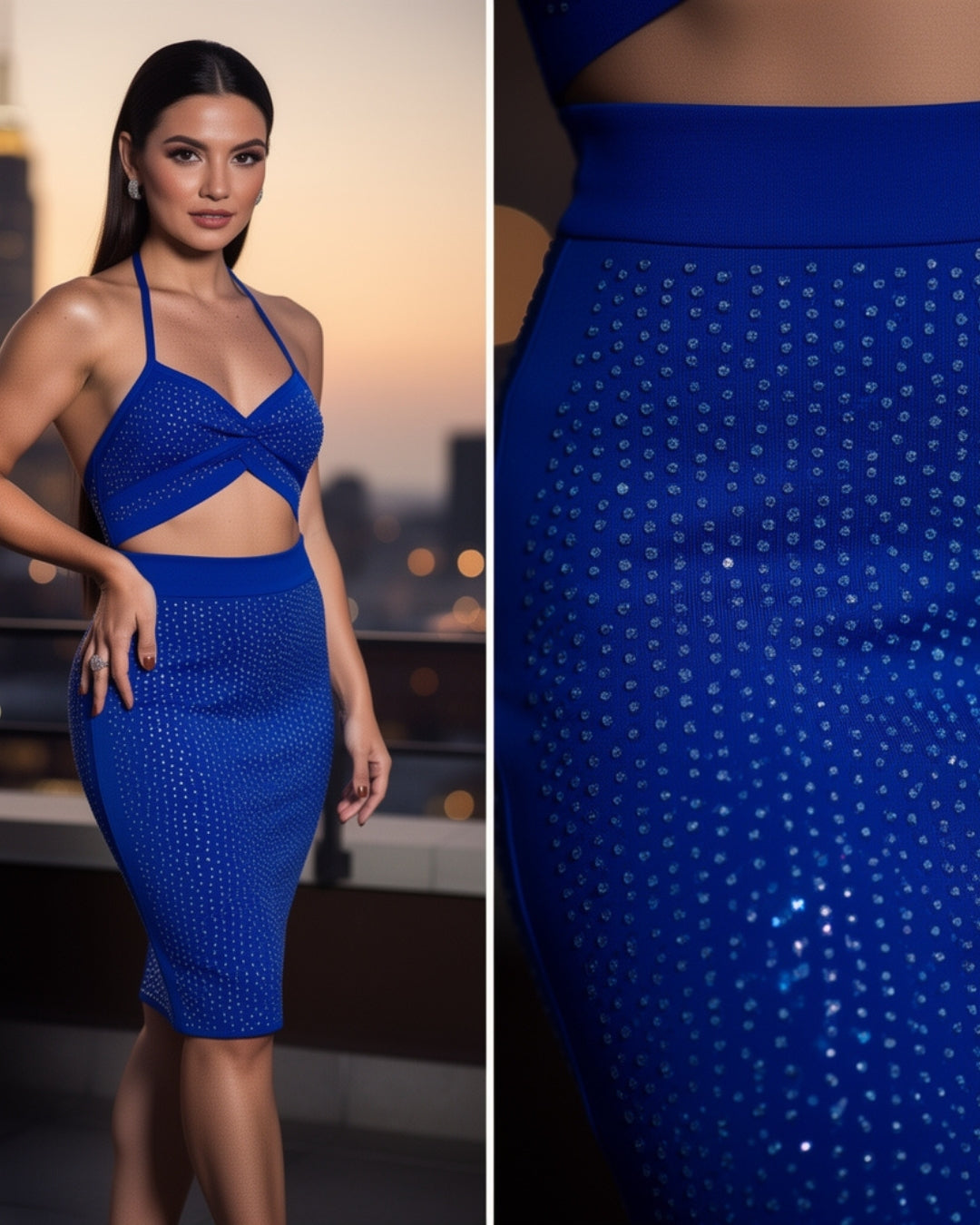Dorielle — set azul royal halter con falda de pedrería brillante