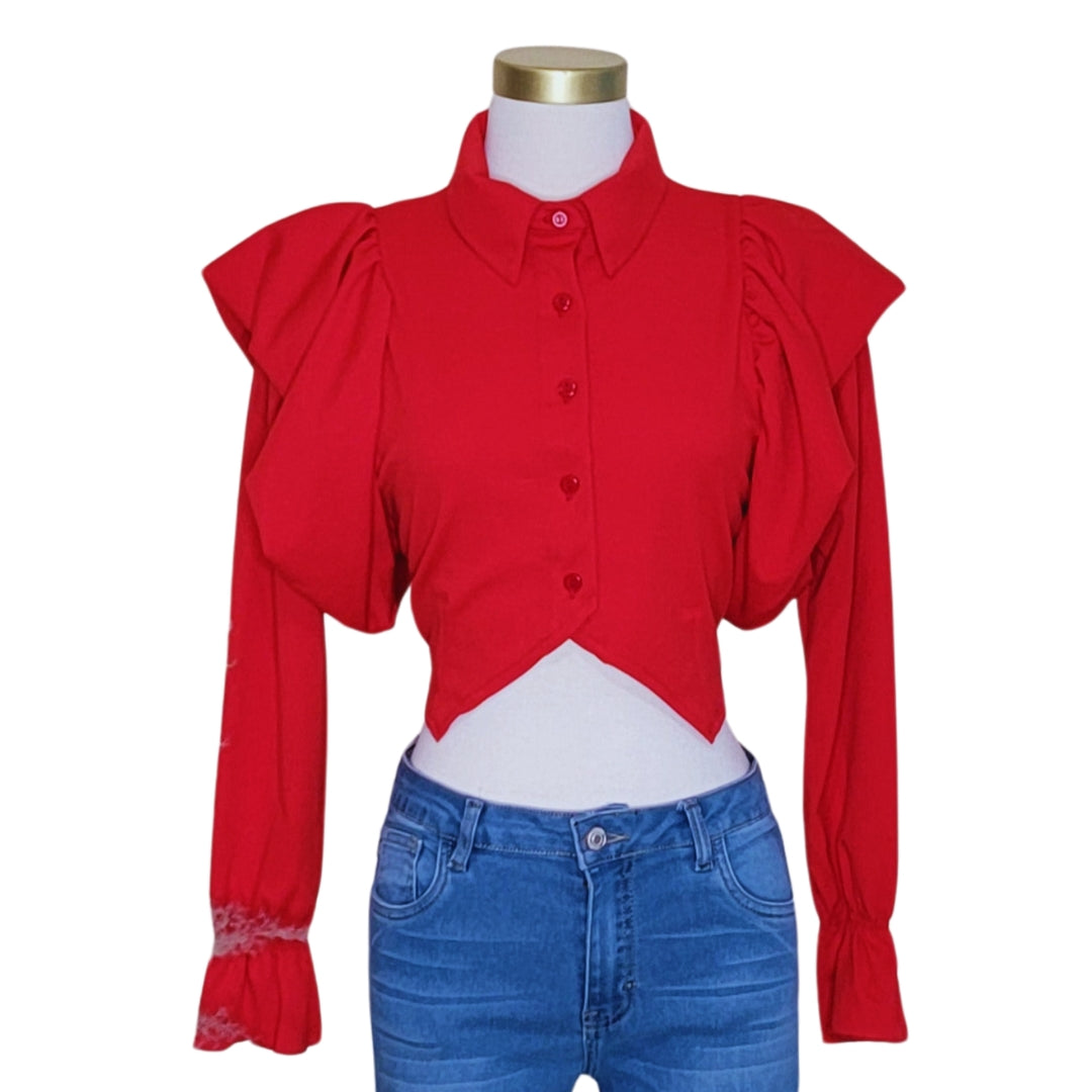 Blusa corta
Crop top elegante
Blusa con volantes
Blusa con mangas abullonadas
Top chic
Ropa casual elegante
Blusa de moda mujer
Top rojo
Top azul
Top negro