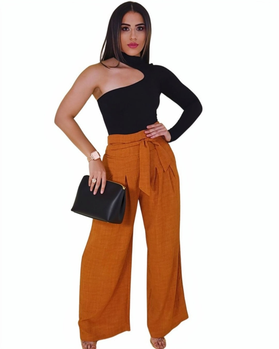 Terra — pantalón palazzo terracota de tiro alto con lazo ajustable