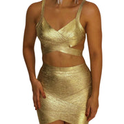conjunto dorado
set dos piezas
falda mini dorada
crop top cruzado
ropa de fiesta
outfit glam
moda elegante
ropa para eventos
GV Boutique
look de impacto