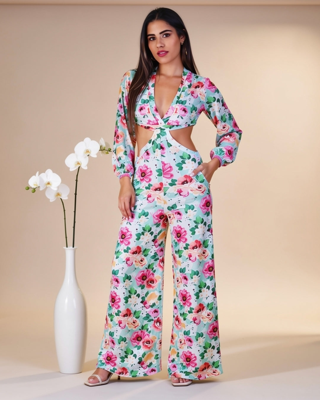 Zireya — jumpsuit floral boho con escote profundo y pierna ancha