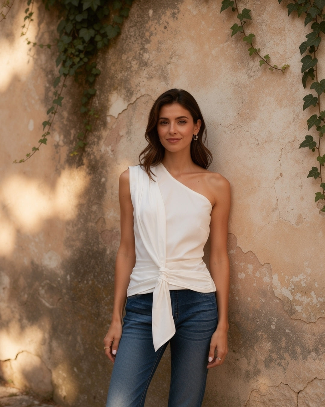 Emma — blusa asimétrica de un hombro con nudo en la cintura