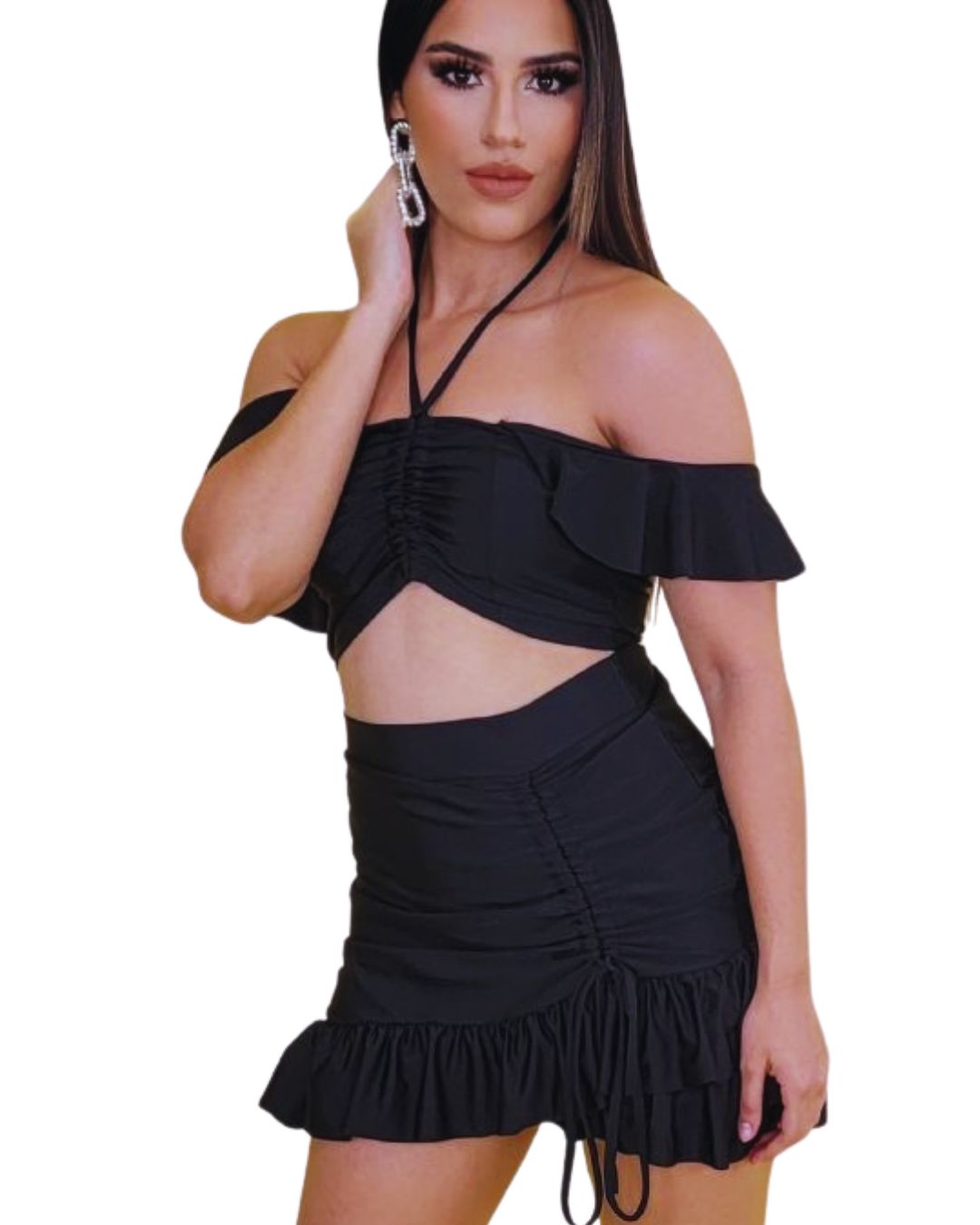 Conjunto de dos piezas
Top off shoulder
Falda con volante
Conjunto negro mujer
Look de noche
Outfit femenino
Estilo fruncido
Moda elegante
Hecho en México
GV Boutique