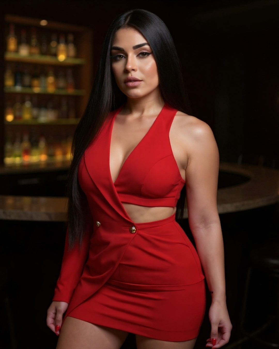 Valentia — vestido tipo blazer rojo asimétrico con escote halter y botones dorados