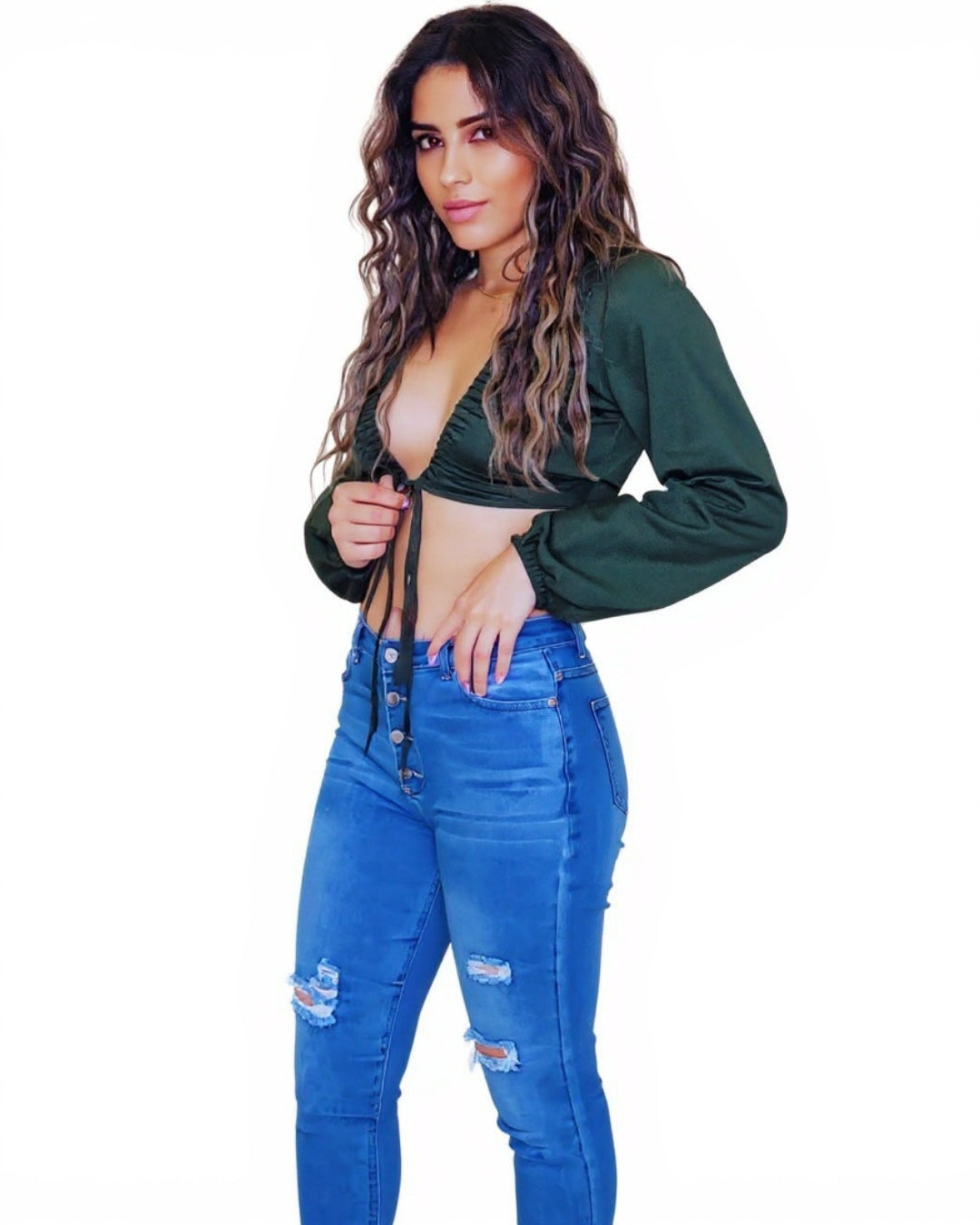 Luma — jean skinny azul claro con botones frontales
