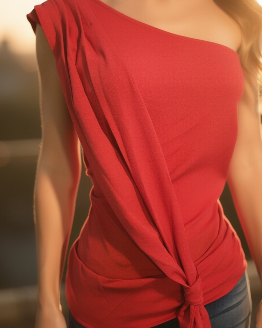 Emma — blusa asimétrica de un hombro con nudo en la cintura