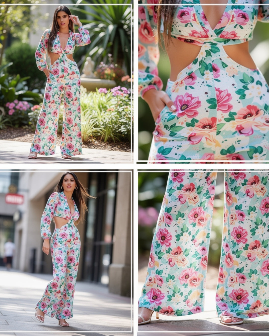 Zireya — jumpsuit floral boho con escote profundo y pierna ancha