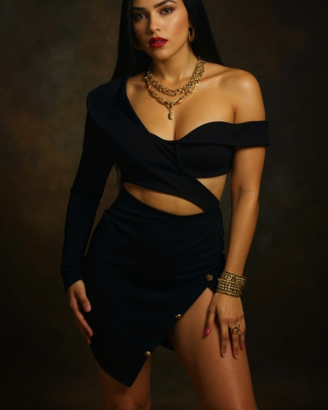 Noir — vestido mini asimétrico con botones dorados