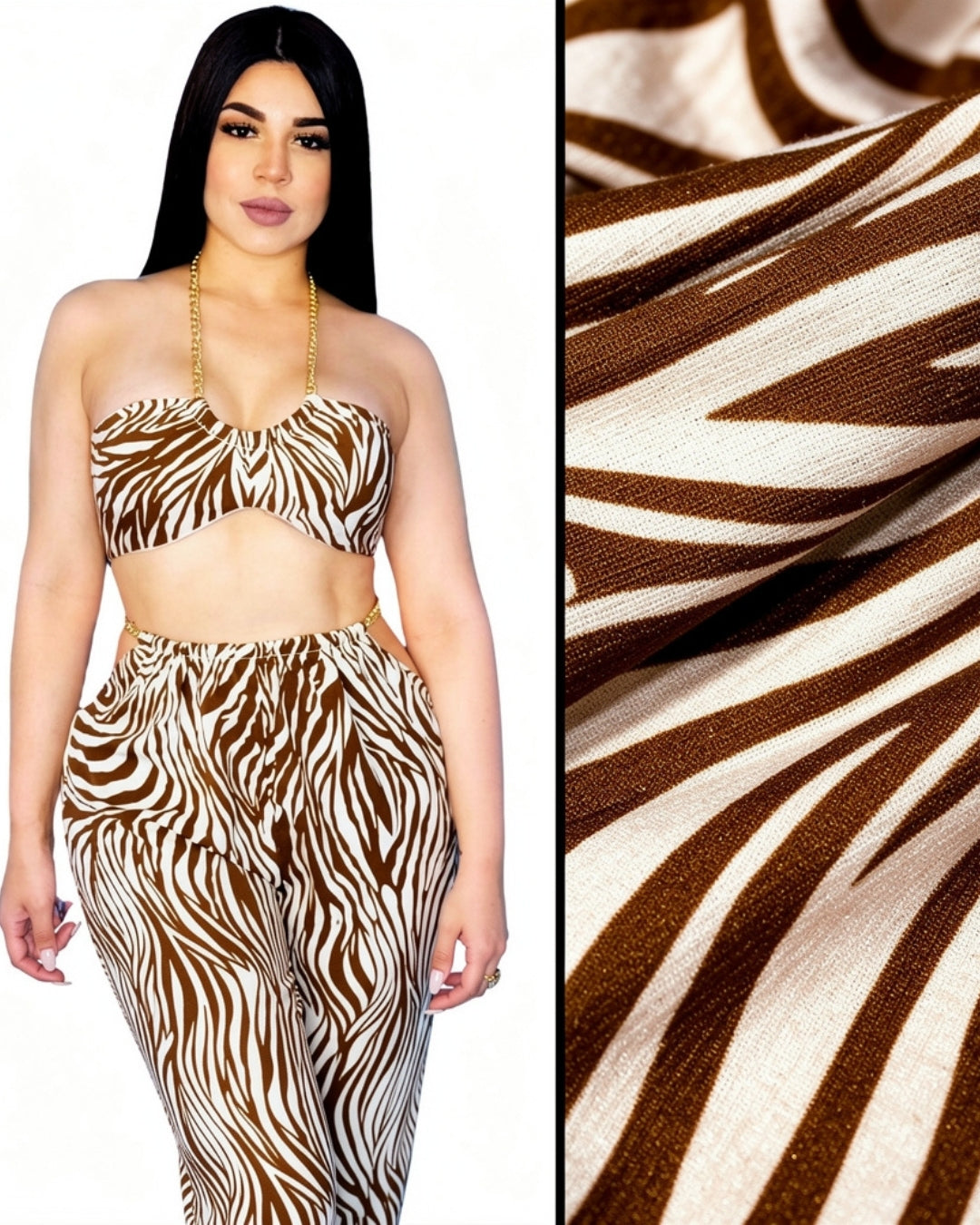 Zyra — conjunto halter con cadena dorada y pantalón animal print