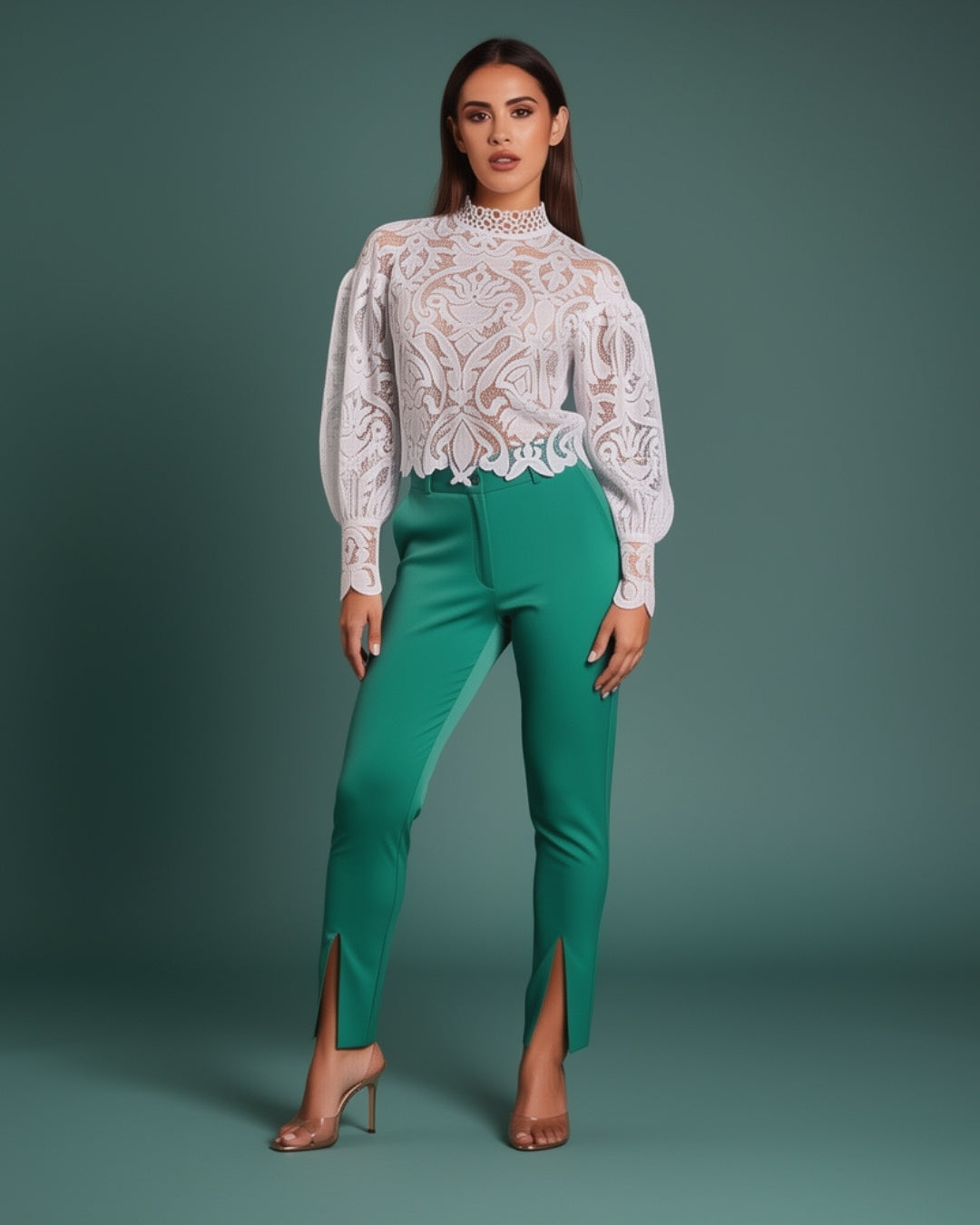 Eterna — blusa de encaje blanco con cuello alto y mangas abullonadas