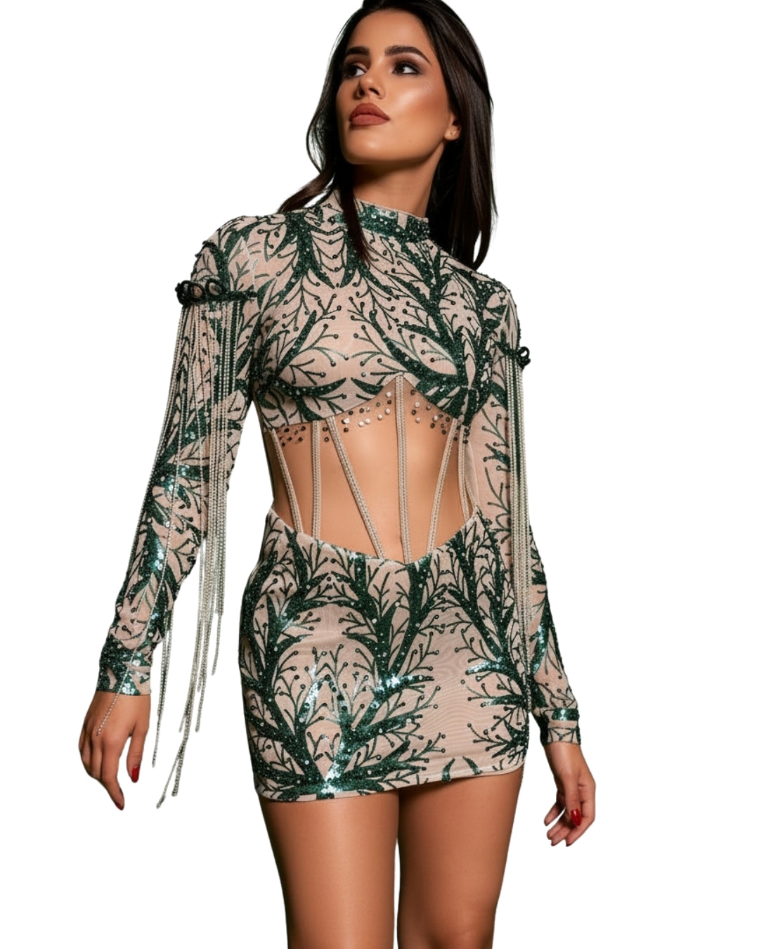 Orlisse — vestido mini bordado con transparencias y cadenas brillantes