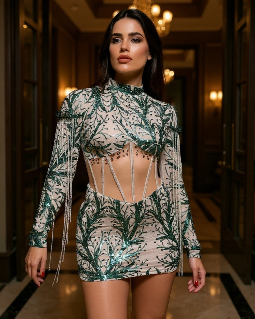 Orlisse — vestido mini bordado con transparencias y cadenas brillantes