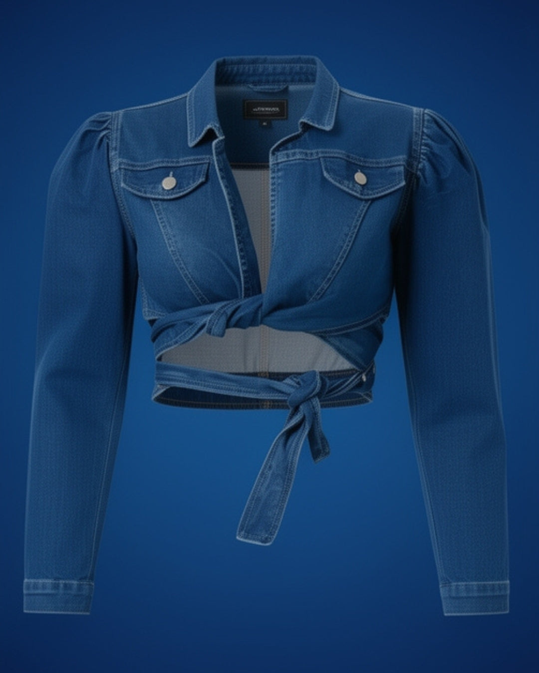 Aria — blusa denim corta con amarre y mangas con volumen