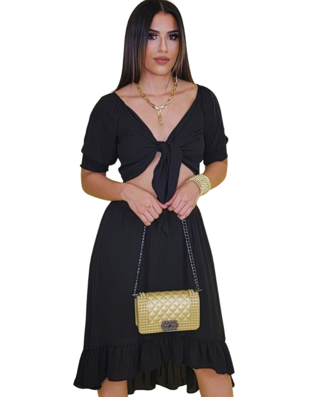 Solène — conjunto de dos piezas con top de lazo y falda midi con volantes