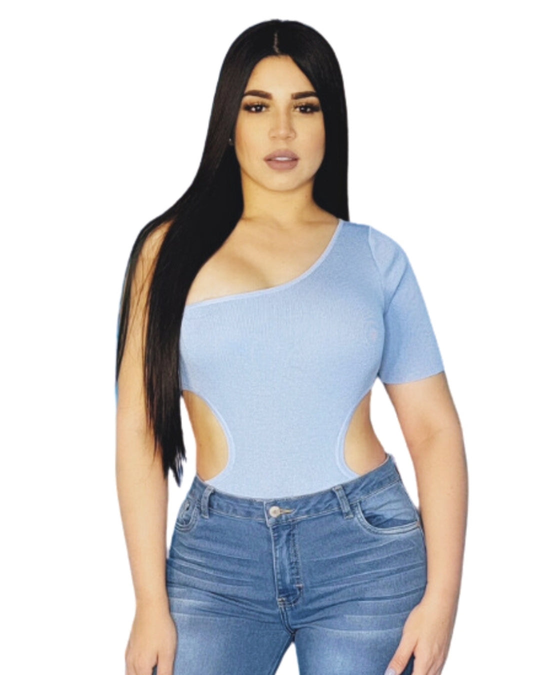 Celeste — body asimétrico de un hombro con recortes laterales