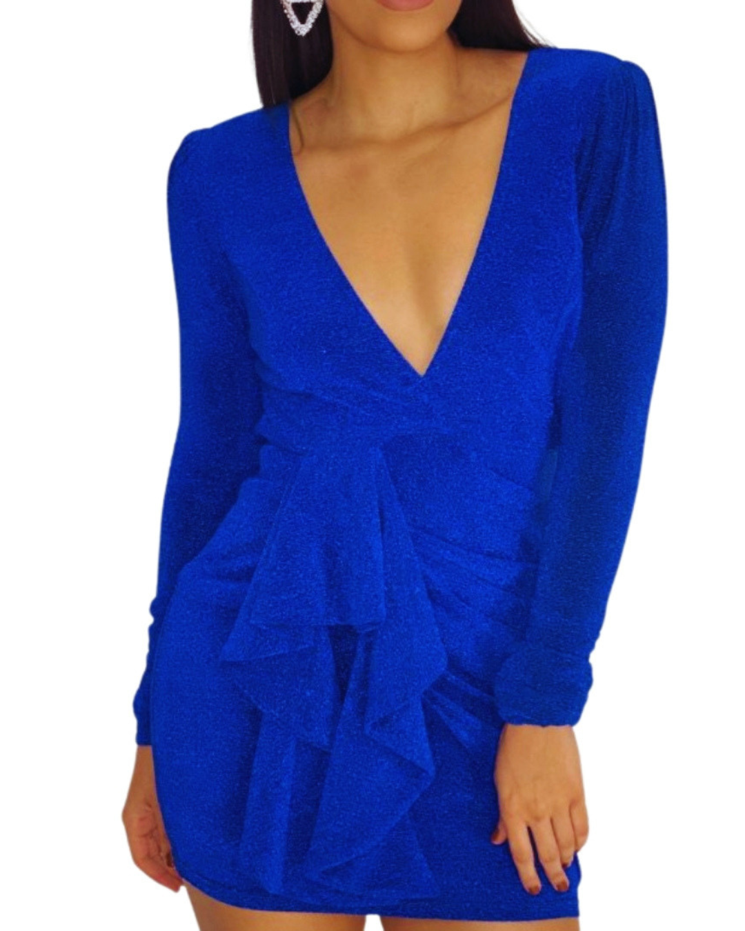 Azzura — vestido mini azul royal con volantes y escote profundo