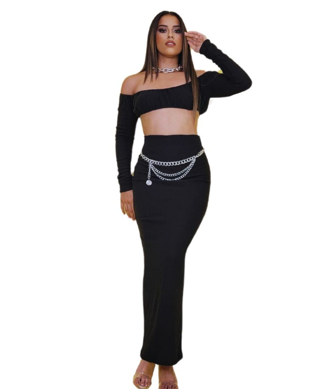 Conjunto Negro Alia de Manga Larga con Falda Maxi y Hombros Descubiertos