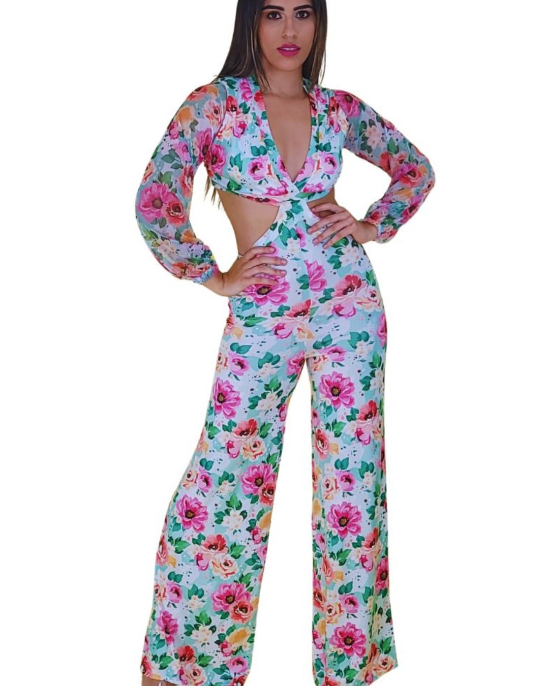 Jumpsuit Floral Boho con Escote Profundo y Pierna Ancha