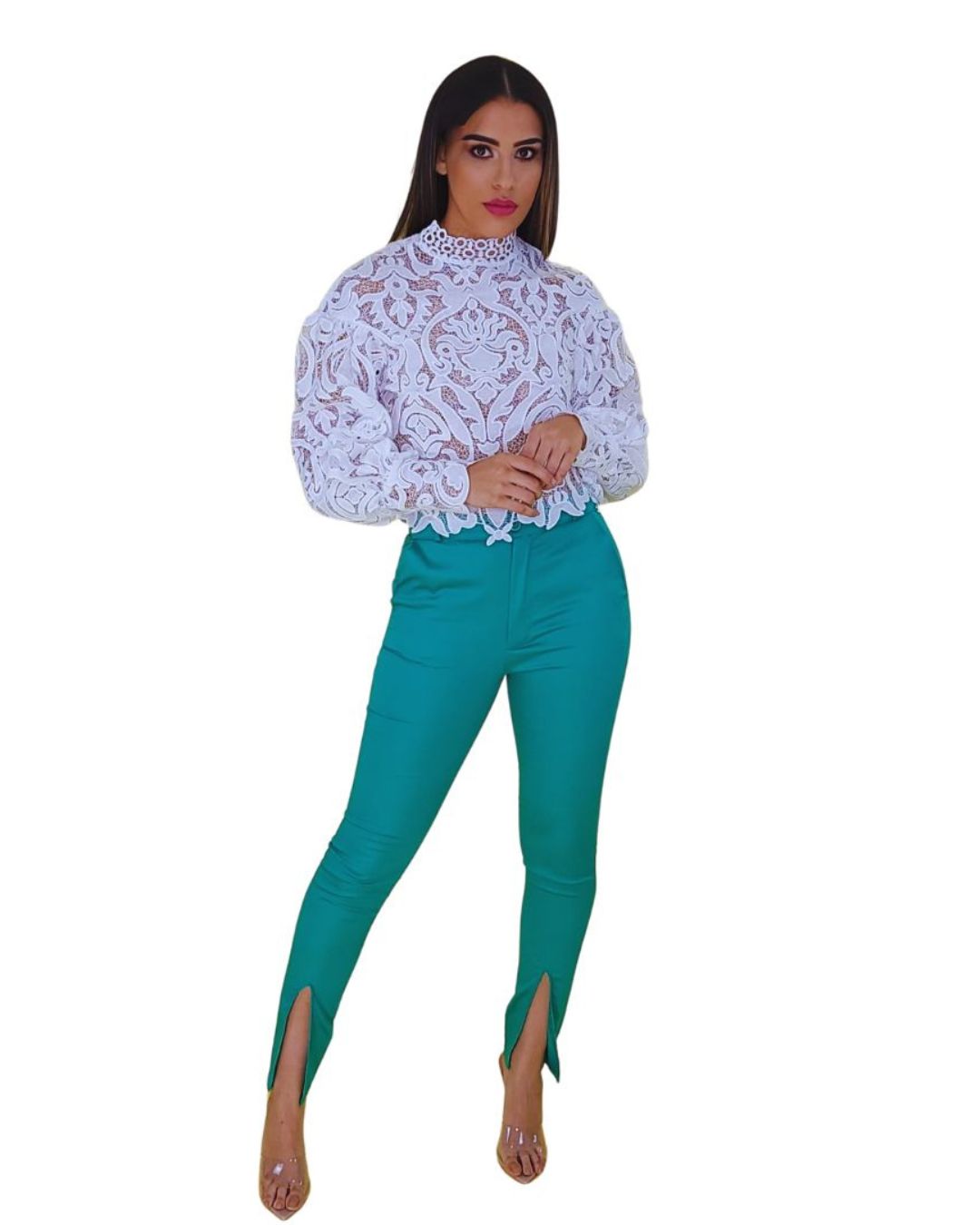 Verdea — pantalón slim fit verde de cintura alta con aberturas