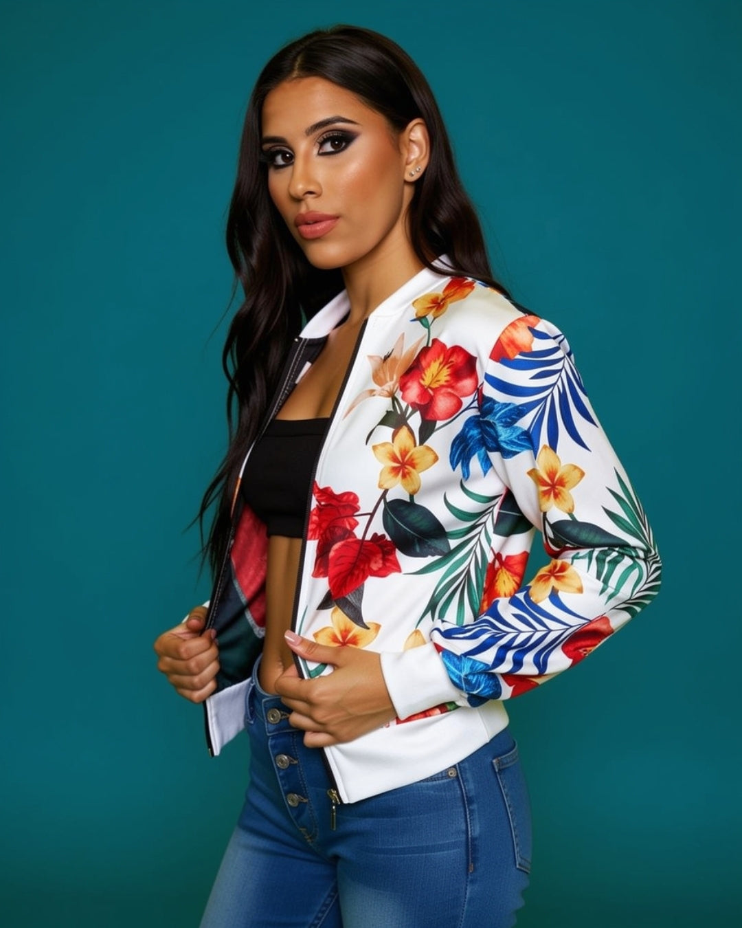 Lina — chaqueta bomber con estampado tropical