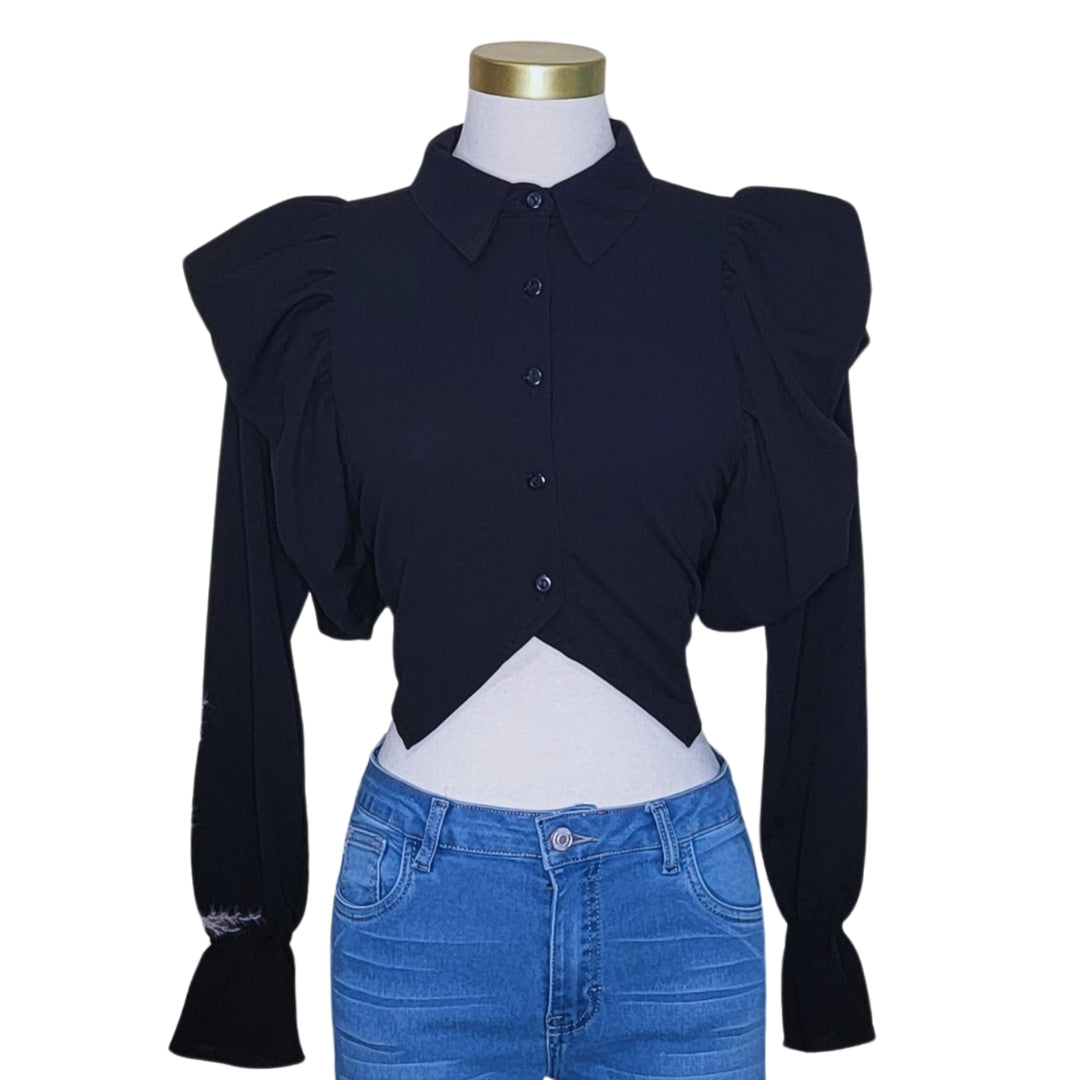 Blusa corta
Crop top elegante
Blusa con volantes
Blusa con mangas abullonadas
Top chic
Ropa casual elegante
Blusa de moda mujer
Top rojo
Top azul
Top negro