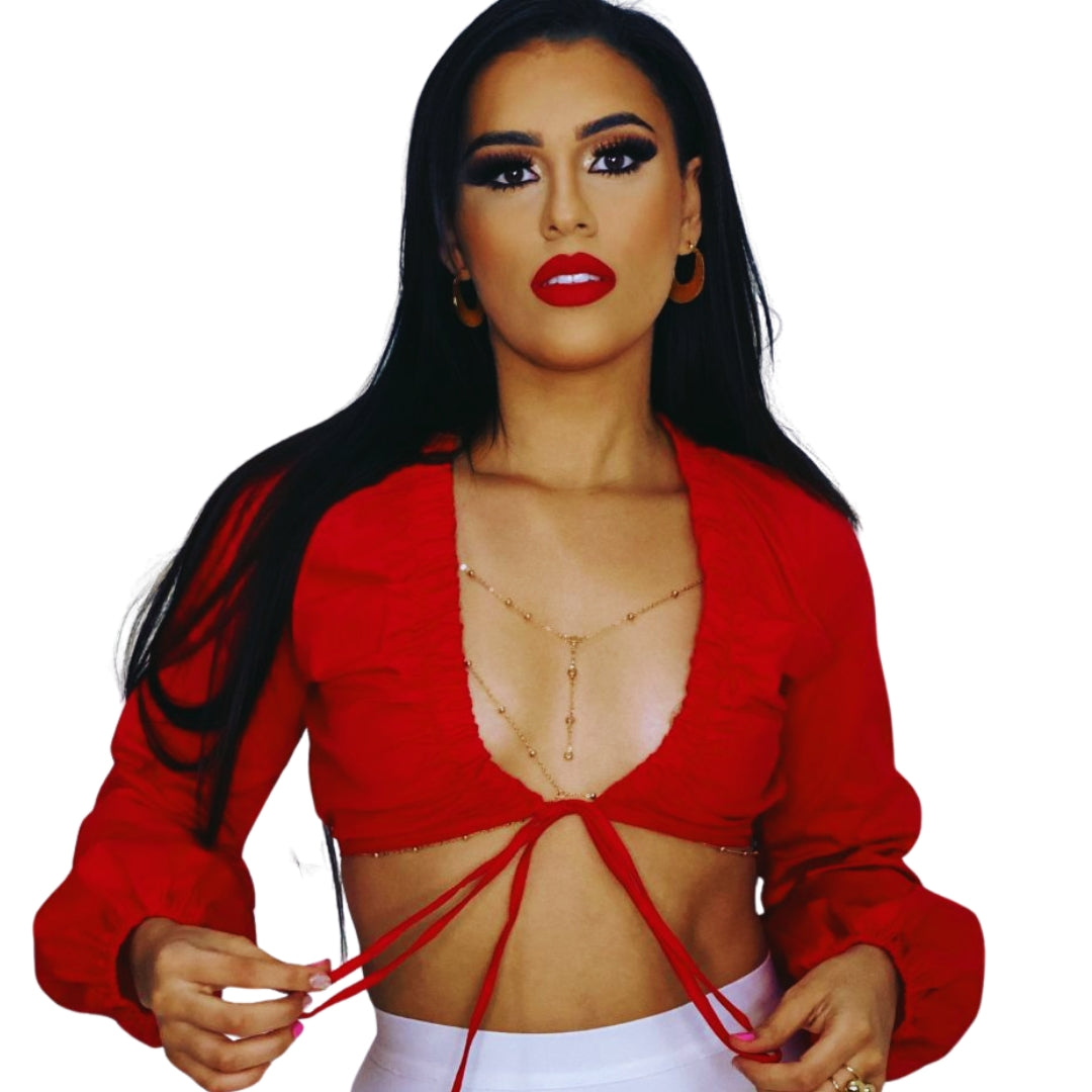 top rojo mujer
blusa corta lazo frontal
crop top mangas abullonadas
blusa sexy chic
moda femenina sofisticada
top casual elegante
blusa roja importada
crop top ajustable
top moderno mujer
blusa escote profundo
