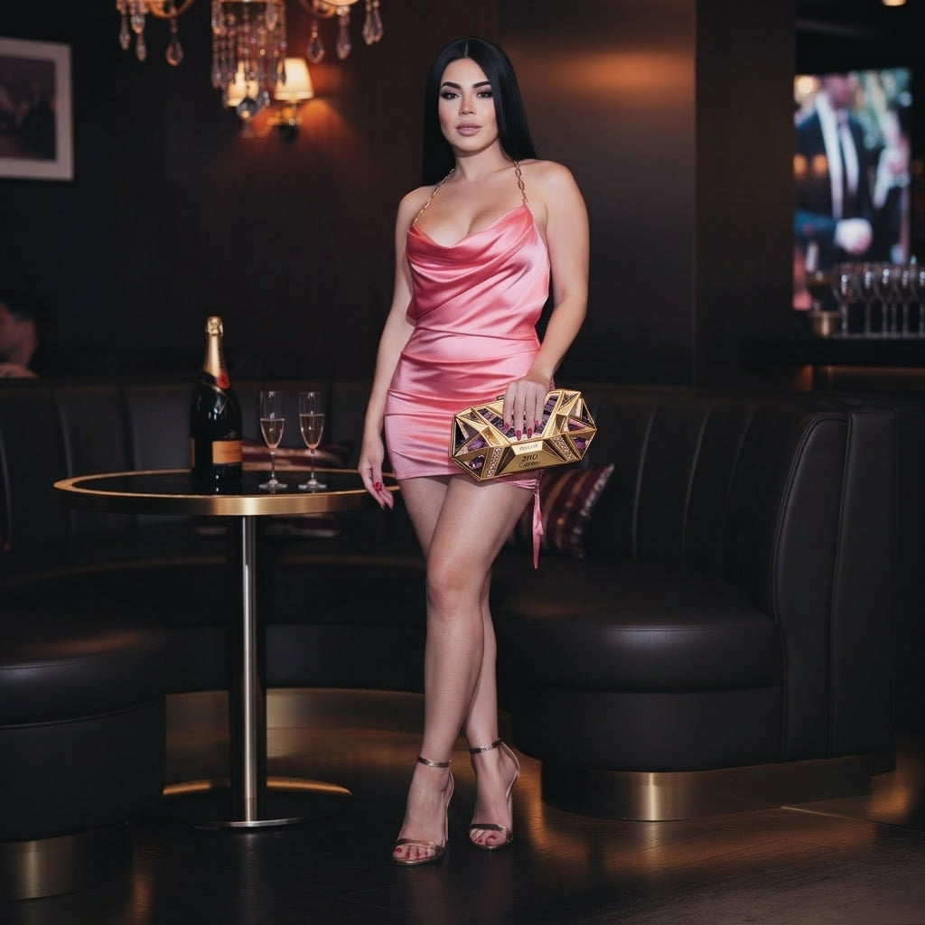 Zafira — vestido mini satinado en rosa coral con cadenas