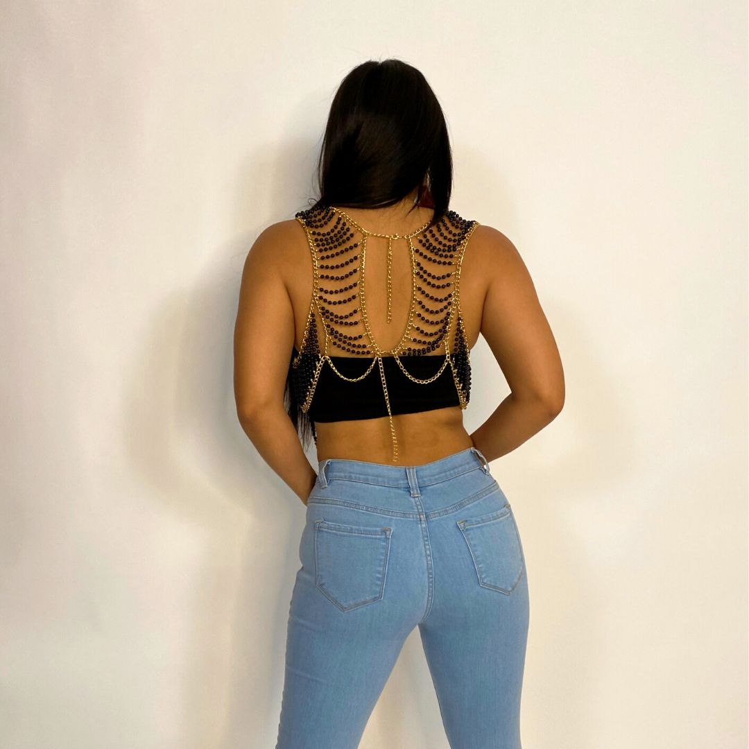 top cuentas negras
top cadena dorada
top statement
top elegante
top de fiesta
top importado
top sofisticado
top nocturno
top chic
top one size
